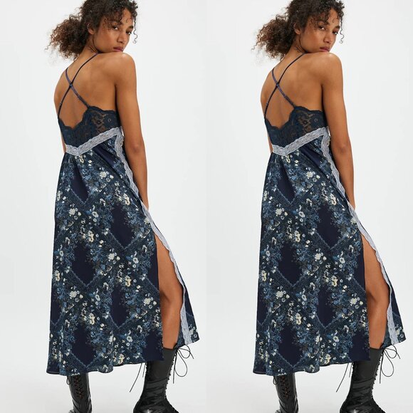 Free People Just Dreamy Maxi Slip Indigo Blue Large NWT - Picture 1 of 7